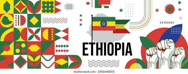 Ethiopia national or independence day banner for country celebration. Flag and map of Ethiopia with raised fists. Modern retro design with typorgaphy abstract geometric icons. Vector illustration	