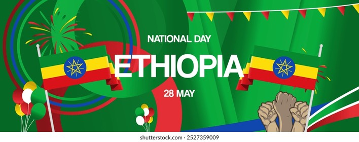 Ethiopia national or independence day celebration banner. Vibrant modern design for holiday celebration, greeting card, billboard, sport event backdrop. May 28. Happy Derg Downfall Day background