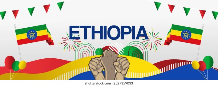 Ethiopia national or independence day celebration banner. Vibrant modern design for holiday celebration, greeting card, billboard, sport event backdrop. May 28. Happy Derg Downfall Day background