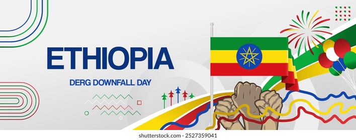 Banner nacional da Etiópia para a celebração do dia da independência. Design moderno vibrante para comemoração de feriado, cartão de saudação, outdoor, evento de esporte pano de fundo. 28 de maio. Fundo feliz Derg Downfall Day