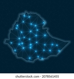 Ethiopia network map. Abstract geometric map of the country. Digital connections and telecommunication design. Glowing internet network. Creative vector illustration.