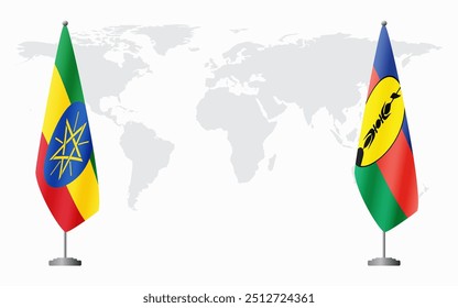 Ethiopia and New Caledonia flags for official meeting against background of world map.