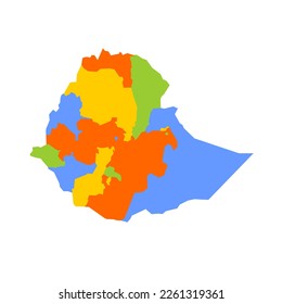 Ethiopia political map of administrative divisions - regions and chartered cities. Blank colorful vector map.