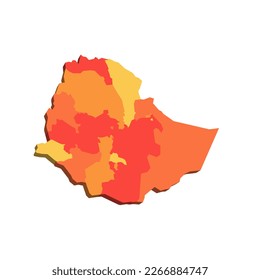 Ethiopia political map of administrative divisions - regions and chartered cities. 3D map in shades of orange color.