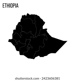 Ethiopia political map of administrative divisions - regions and chartered cities. Blank black map and country name title.