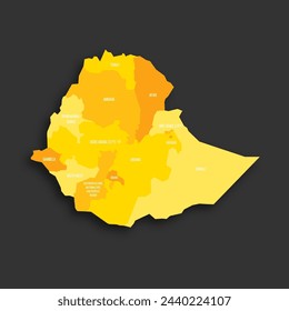 Ethiopia political map of administrative divisions - regions and chartered cities. Yellow shade flat vector map with name labels and dropped shadow isolated on dark grey background.