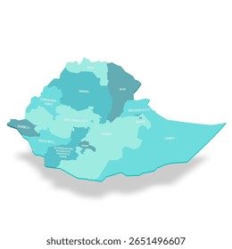 Mapa político de divisões administrativas da Etiópia - regiões e cidades fretadas. Mapa de vetor turquesa 3D com rótulos de nome.