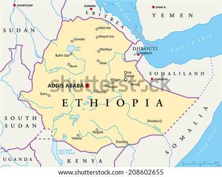 Ethiopia Political Map - Political map of Ethiopia with capital Addis Ababa, national borders, most important cities, rivers and lakes. Vector illustration with English labeling and scaling.