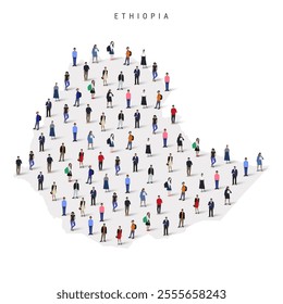 Ethiopia population map. Large group of realistic a diverse crowd of people figures in a shape of Ethiopian map. Flat vector illustration isolated on white.