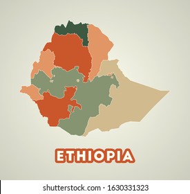 Ethiopia poster in retro style. Map of the country with regions in autumn color palette. Shape of Ethiopia with country name. Creative vector illustration.