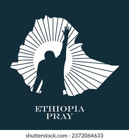 Ethiopia praying, Kneeling and raising hand to God. Ethiopia in prayer and worship. A man raising hand in prayer with a beam of light in the Ethiopian map silhouette. high quality vector illustration.