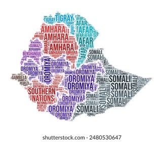 Ethiopia region word cloud. Country shape design. Ethiopia colored illustration. Region names collage cloud. Vector illustration.