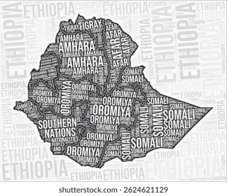 Ethiopia regions map word cloud. Ethiopia region names. Black and white map design. Beautiful vector illustration.