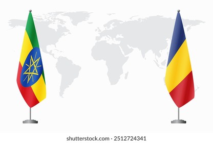 Ethiopia and Romania flags for official meeting against background of world map.