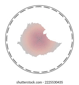 Ethiopia round logo. Digital style shape of Ethiopia in dotted circle with country name. Tech icon of the country with gradiented dots. Classy vector illustration.