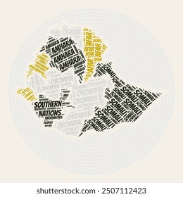 Ethiopia Round Poster. Typography style image of Country. Regions word clouds of Ethiopia. Vintage image design with scratch texture.