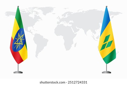 Etiopía y las banderas de San Vicente y las Granadinas para la reunión oficial en el contexto del mapa mundial.