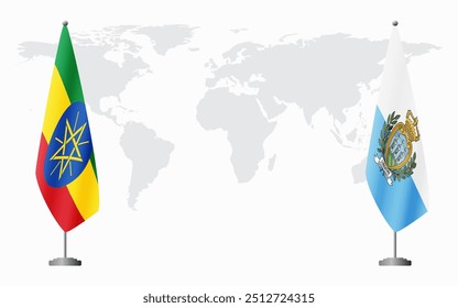 Ethiopia and San Marino flags for official meeting against background of world map.