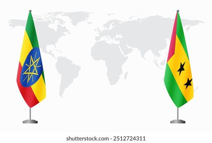 Etiópia e São Tomé e Príncipe bandeiras para reunião oficial contra fundo do mapa do mundo.