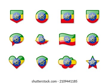 Ethiopia - set of shiny flags of different shapes. Vector illustration