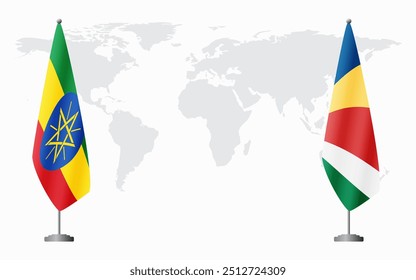 Ethiopia and Seychelles flags for official meeting against background of world map.