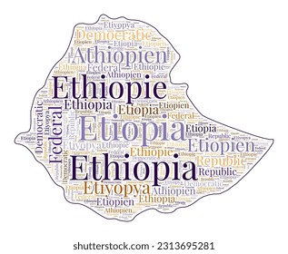 Ethiopia shape filled with country name in many languages. Ethiopia map in wordcloud style. Neat vector illustration.