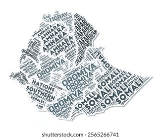 Ethiopia shape text cloud. Country border with shadow on white background. Ethiopia with regions division in vintage gazette style. Artistic vector illustration.