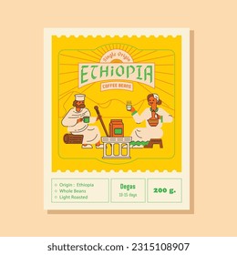 Ethiopia single origin coffee label with coffee ceremony with traditinal barista and local monk drinking coffee after brewing.