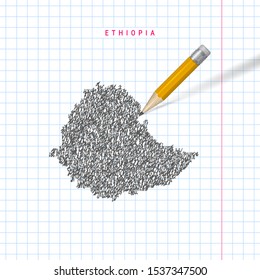 Ethiopia sketch scribble vector map drawn on checkered school notebook paper background