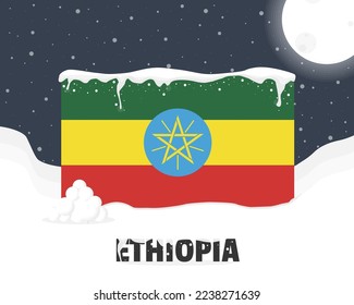 Ethiopia snowy weather concept, cold weather and snowfall, Ethiopia weather forecast winter banner idea, snow cap on flag with snowballs and moon, blizzard and adverse weather conditions