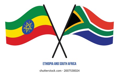Ethiopia and South Africa Flags Crossed And Waving Flat Style. Official Proportion. Correct Colors.