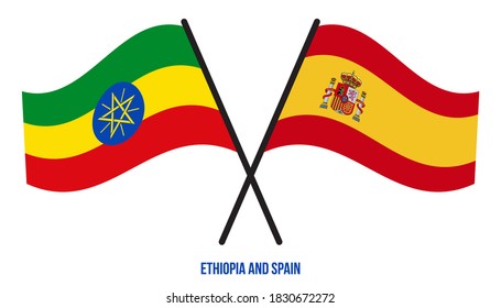 Ethiopia and Spain Flags Crossed And Waving Flat Style. Official Proportion. Correct Colors.