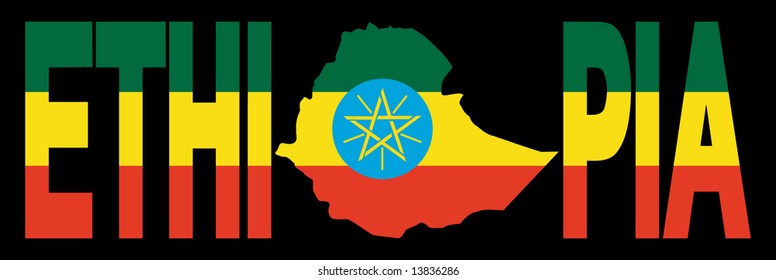 Ethiopia text with map on Ethiopian flag illustration