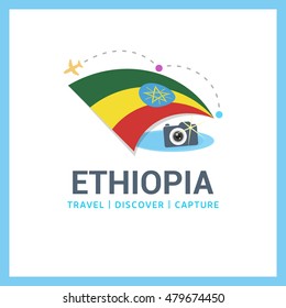 Ethiopia Travel, Discover, Capture logo - Vector travel Photographer logo design - Country Flag Travel, Discover and Photographer Conceptual logotype - vector illustration