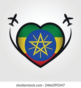 Ethiopia Travel Heart Flag With Airplane Icons