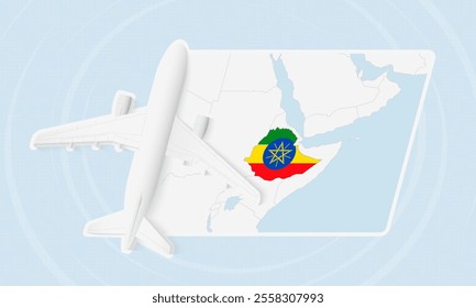 Ethiopia Travel Illustration with Plane and National Flag. Ideal for travel agencies, promotional materials, or geographic content related to Ethiopia.