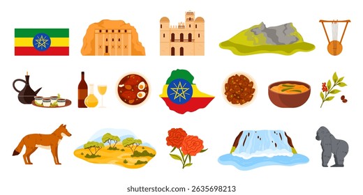 Ethiopia travel landmarks set, tourist attractions and Ethiopian culture elements, food of African country. Church of Saint George in Lalibela, Fasil Ghebbi fortress cartoon vector illustration