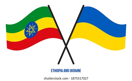 Ethiopia and Ukraine Flags Crossed And Waving Flat Style. Official Proportion. Correct Colors.