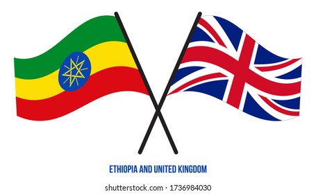 Ethiopia and United Kingdom Flags Crossed And Waving Flat Style. Official Proportion. Correct Colors.