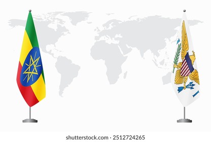 Ethiopia and United States Virgin Islands flags for official meeting against background of world map.