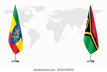 Ethiopia and Vanuatu flags for official meeting against background of world map.