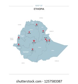 Ethiopia vector map. Editable template with regions, cities, red pins and blue surface on white background. 