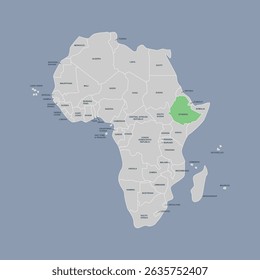 Ethiopia vector map silhouette isolated on Africa map. Editable vector map of Africa. 