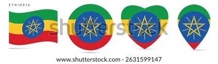 Ethiopia waving flag, round circle sticker badge, heart shaped icon, map pin. Ethiopian flag buttons of different shapes. Vector illustration isolated on white.
