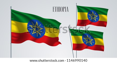 Ethiopia waving flag set of vector illustration. Red green colors of Ethiopia wavy realistic flag as a patriotic symbol 