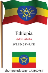 ethiopia wavy flag and coordinates against white background, vector art illustration, image contains transparency