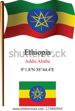 ethiopia wavy flag and coordinates against white background, vector art illustration, image contains transparency