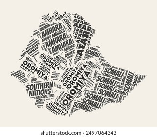 Ethiopia Word Cloud. Country with regional divisions. Ethiopia typographic text clouds vector image design in vintage gazette style.