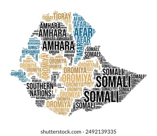 Ethiopia Word Cloud. Country shape with region division. Ethiopia typography style image. Region names tag clouds. Vector illustration.