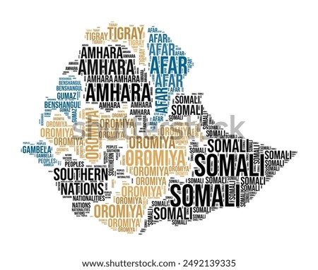 Ethiopia Word Cloud. Country shape with region division. Ethiopia typography style image. Region names tag clouds. Vector illustration.